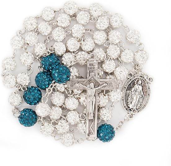 White with Blue Beads Rhinestones Crystal Beads Rosary Necklace - Nazareth Store