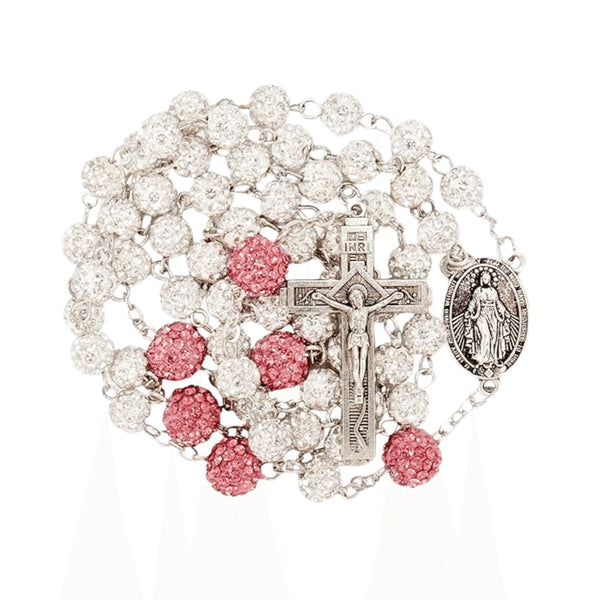 White Pink Crystal Catholic Rosary Necklace with Miraculous Medal & Jesus Cross