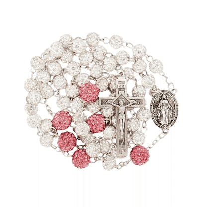 White with Pink Beads Rhinestones Crystal Beads Rosary Necklace - Nazareth Store