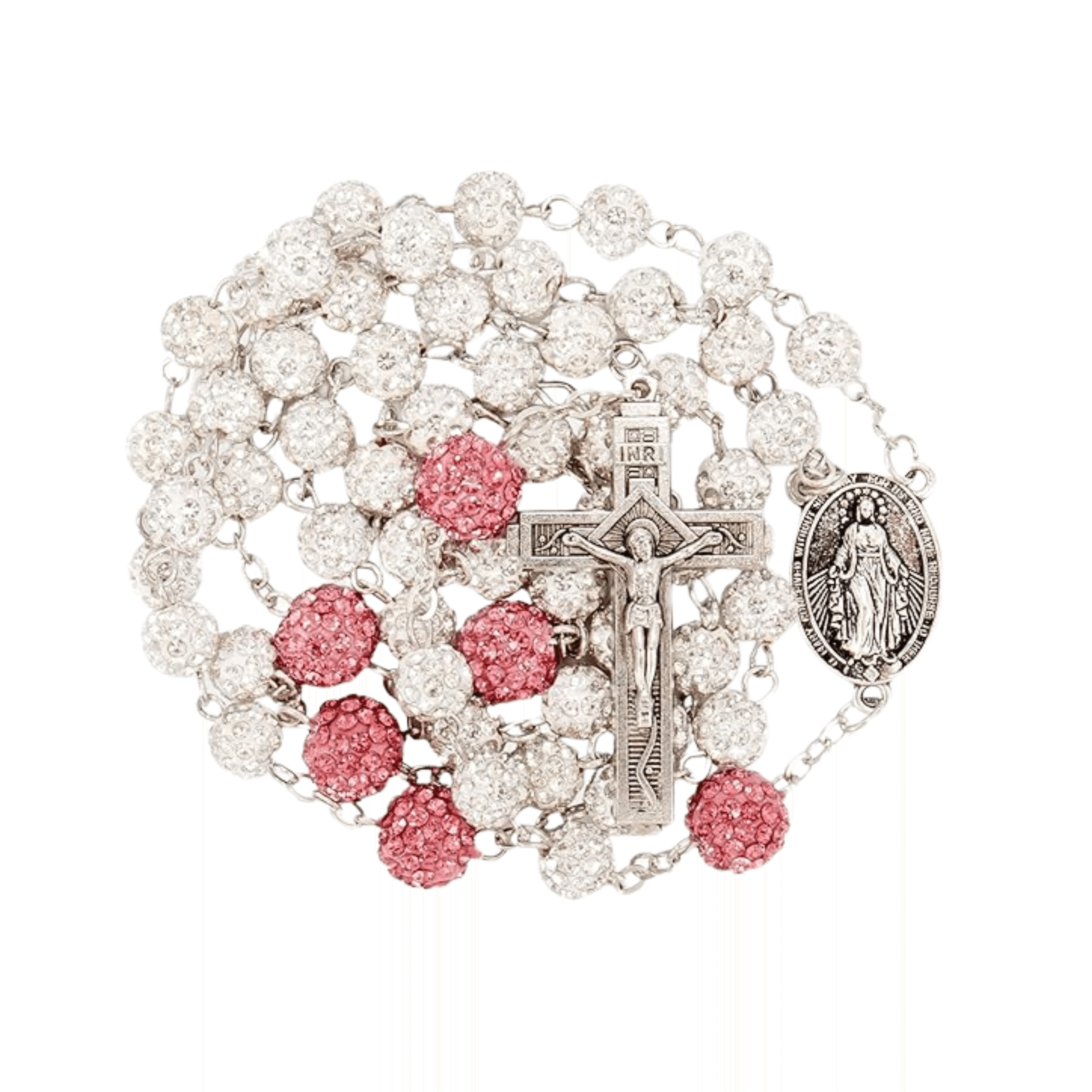 White with Pink Beads Rhinestones Crystal Beads Rosary Necklace - Nazareth Store