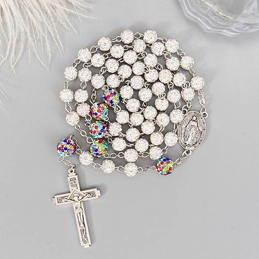 White with Colorful Beads Crystal Beads Rosary Necklace - Nazareth Store