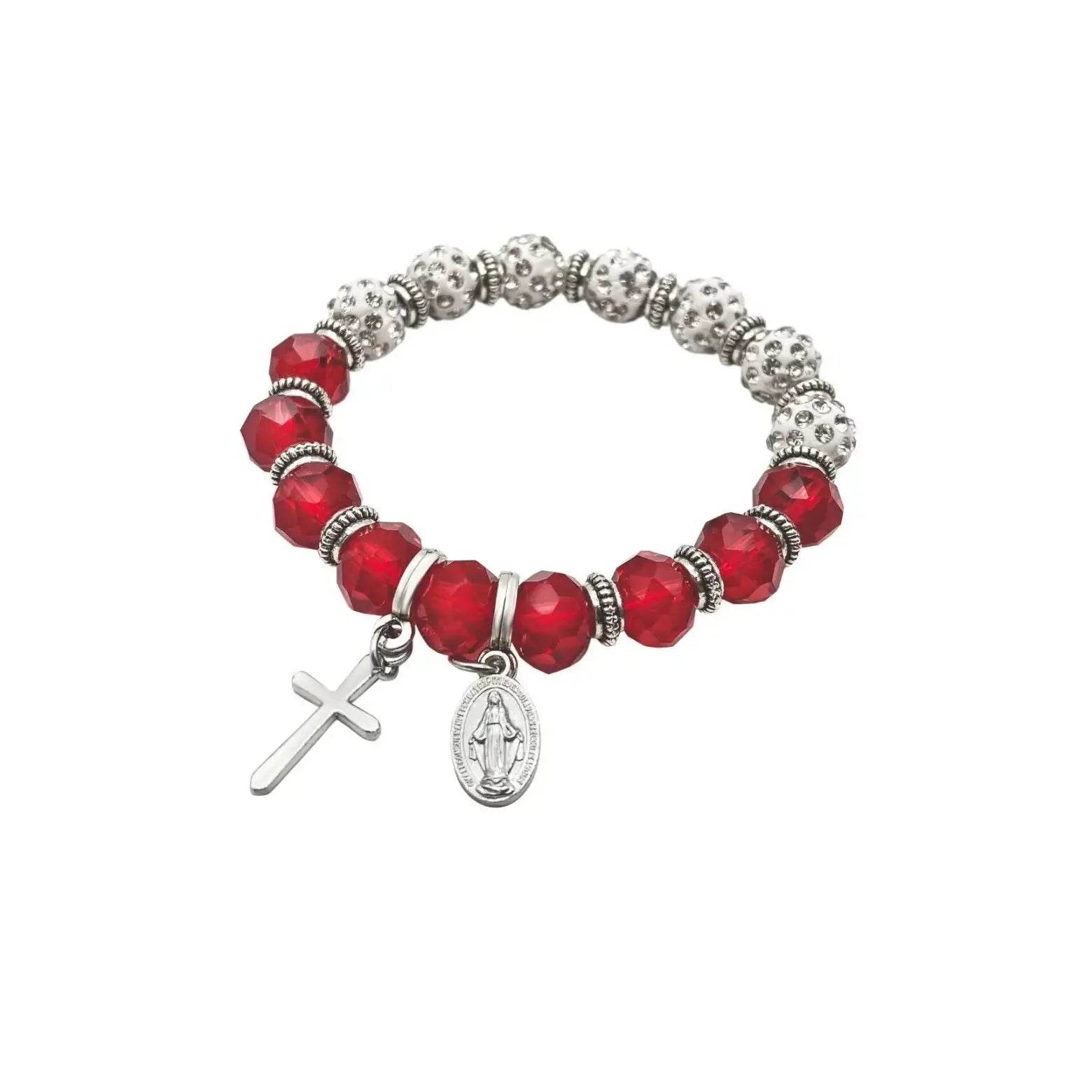 Womens Beaded Rosary Bracelet Crystal Beads Cross & Miraculous Medal - Nazareth Store