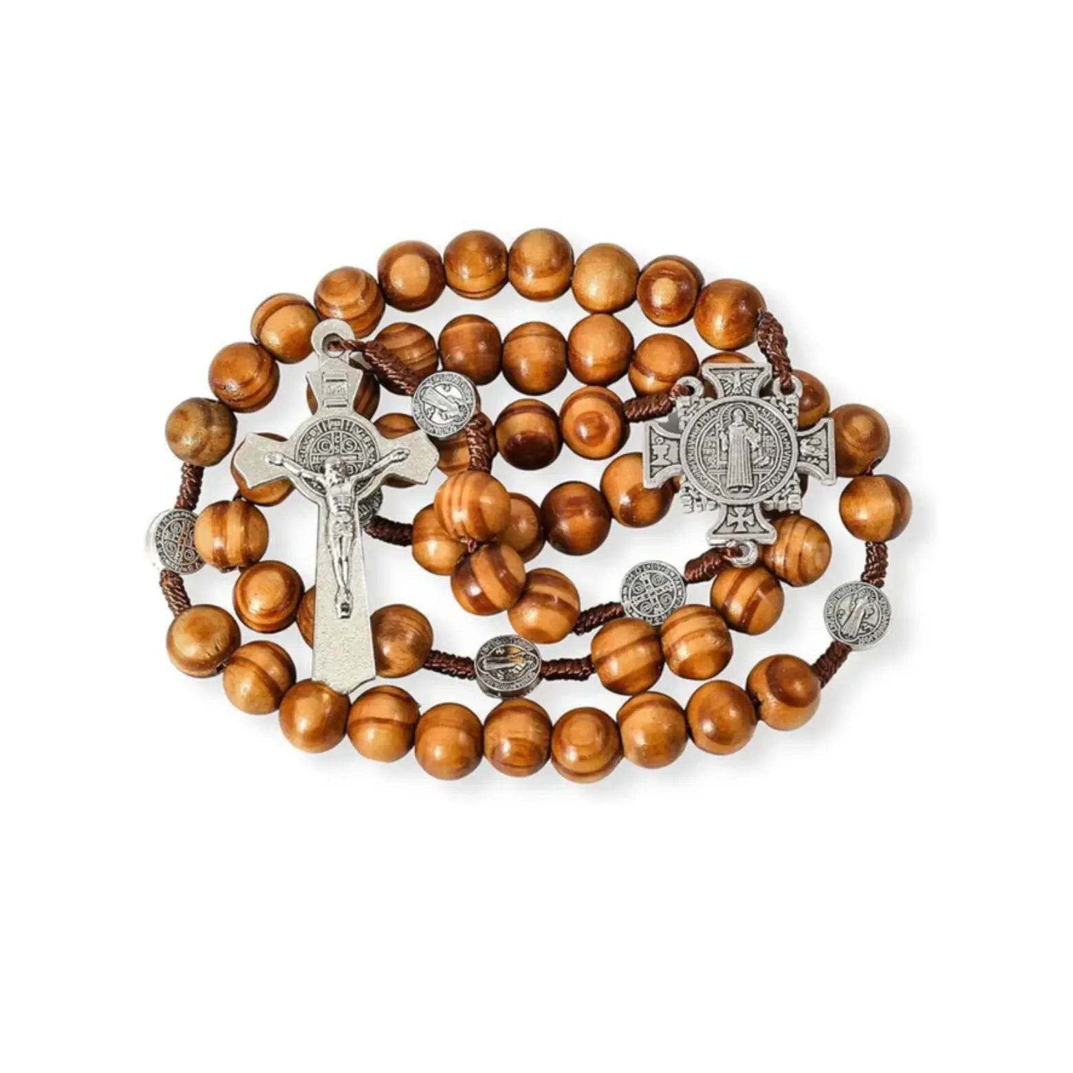 Wood Beads Rosary St. Benedict Solid Prayer Chaplet Silver Jesus Crucifix & Saint Medal - Nazareth Store