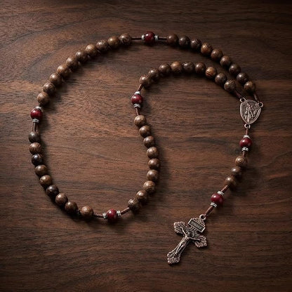 Handmade Wooden Beads Rosary Necklace with Saint Michael Medal & Crucifix Religious Gift - Nazareth Store 