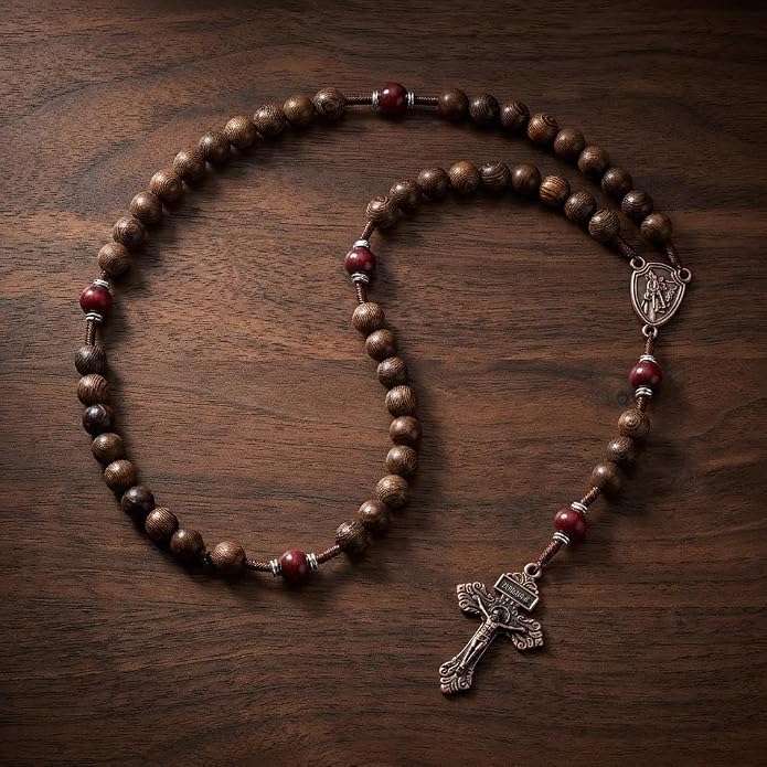 Handmade Wooden Beads Rosary Necklace with Saint Michael Medal & Crucifix Religious Gift - Nazareth Store 
