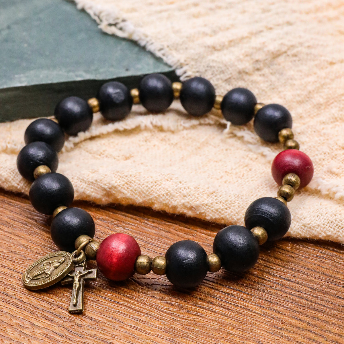 Handmade Catholic Stretchable Bracelet Wood Beads Antique Bronze Religious Gift for Men and Women