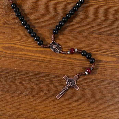 Handmade Black & Dark Red Wooden Rosary Necklace Antique Copper Miraculous Medal & Crucifix Catholic Prayer Beads for Men 