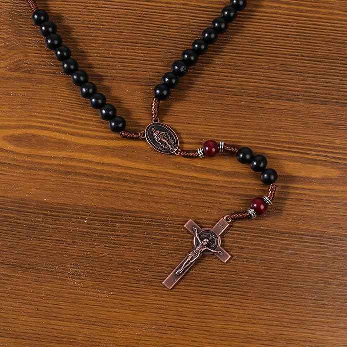 Handmade Black & Dark Red Wooden Rosary Necklace Antique Copper Miraculous Medal & Crucifix Catholic Prayer Beads for Men 