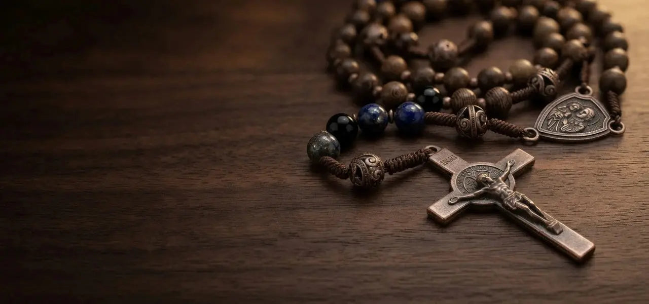 A close-up of a wooden rosary with dark brown beads, a silver-toned crucifix, and a small medal, arranged on a dark wood surface.