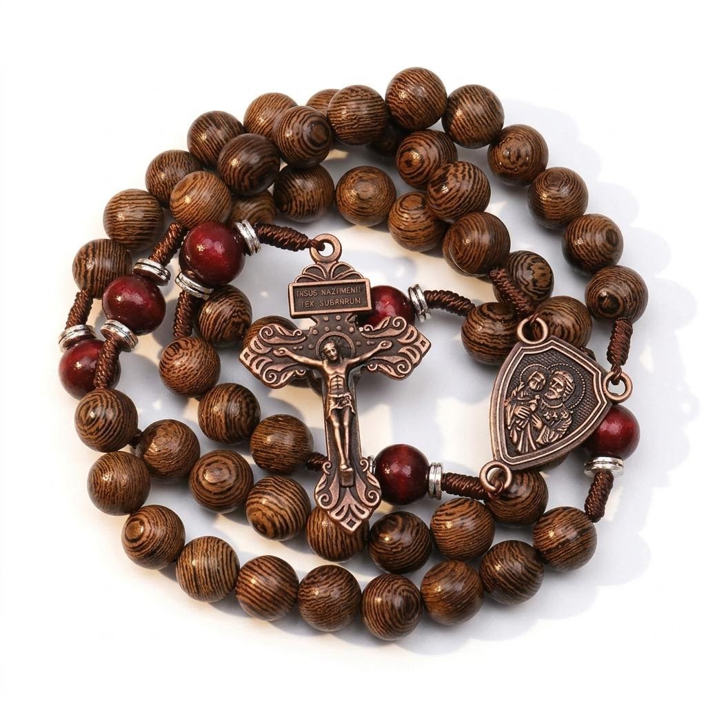 Handmade wooden rosary with red beads and St. Joseph medal