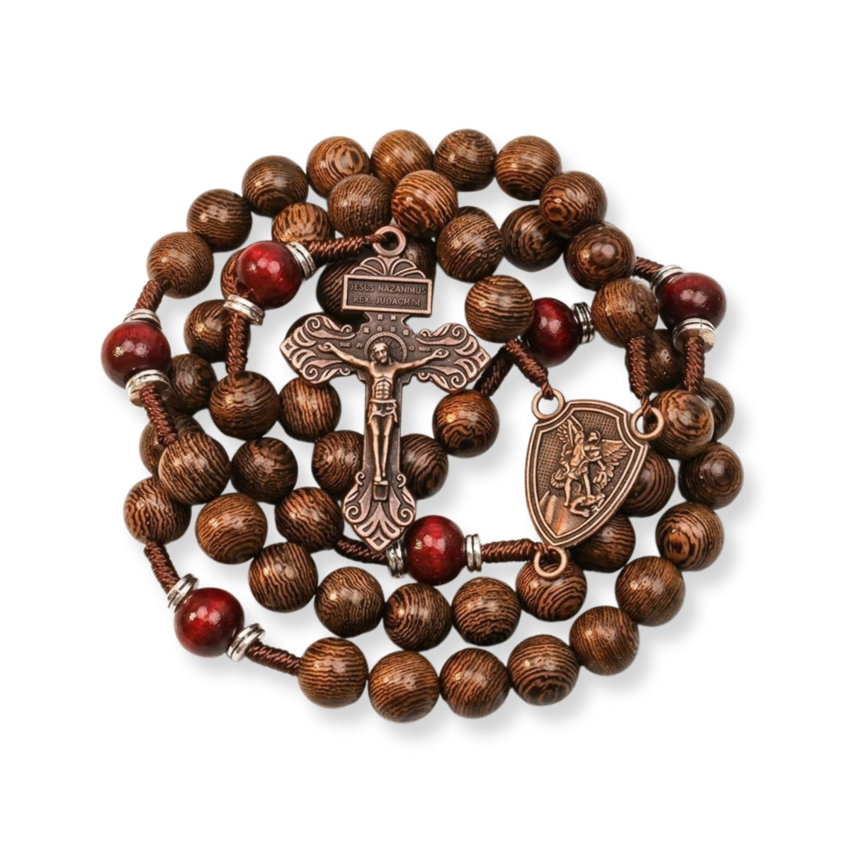 Handmade wooden rosary with red beads and St. Michael medal