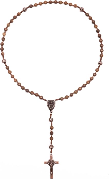 Solid Wooden Beaded Rosary Necklace Metal Glory Beads with Our Father Medal & Crucifix - Nazareth Store 