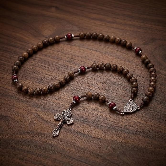 Handmade Wooden Beads Rosary Necklace with St. Joseph Medal & Crucifix Religious Gift - Nazareth Store 