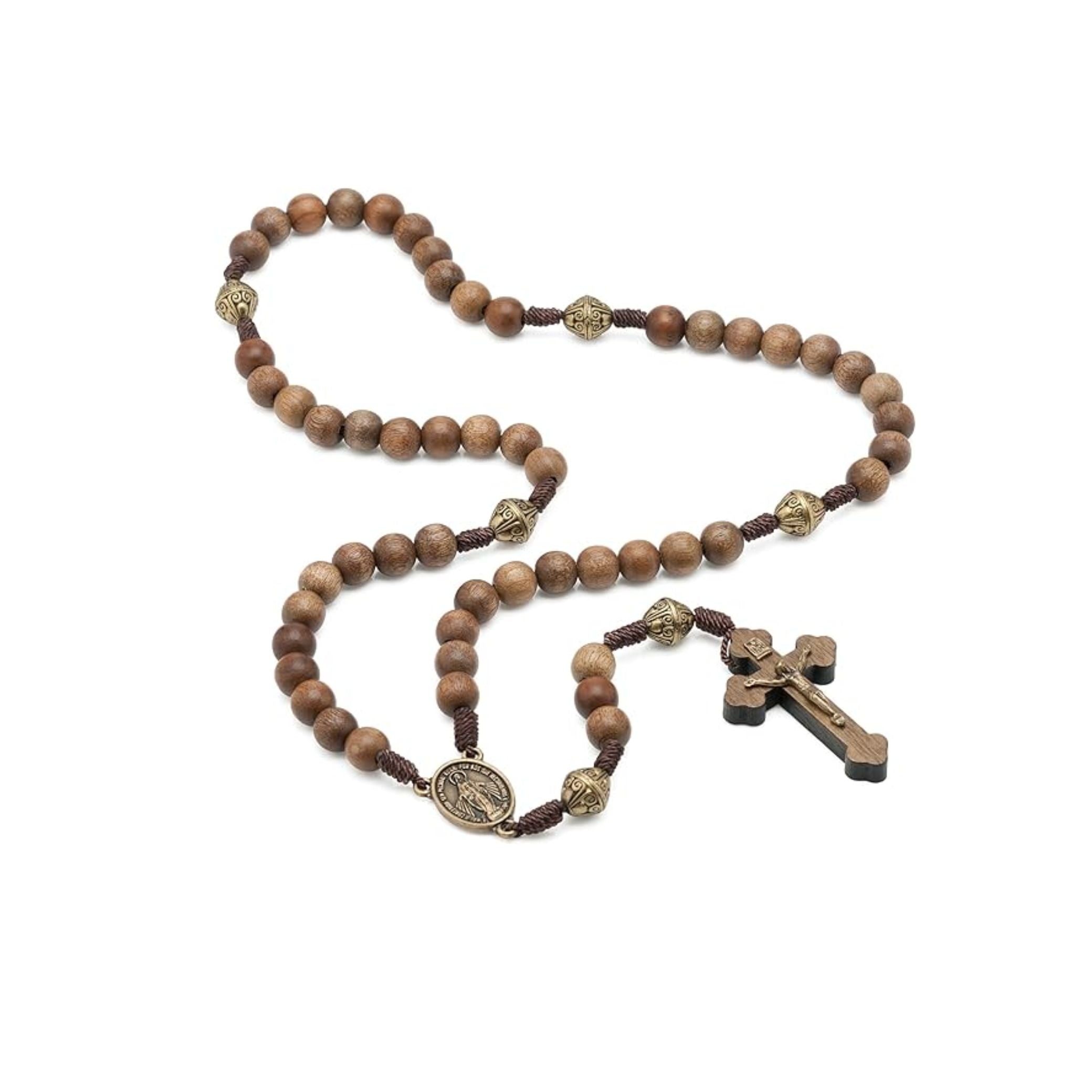 Walnut Wood Beads Rosary Necklace Catholic Prayer Beads with Our Lady Medal & Sacred Metal Cross - Nazareth Store