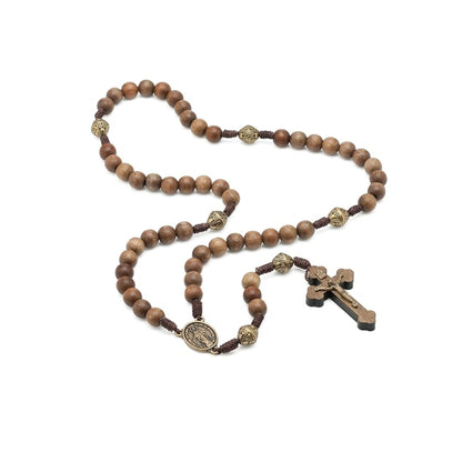 Walnut Wood Beads Rosary Necklace Catholic Prayer Beads with Our Lady Medal & Sacred Metal Cross - Nazareth Store