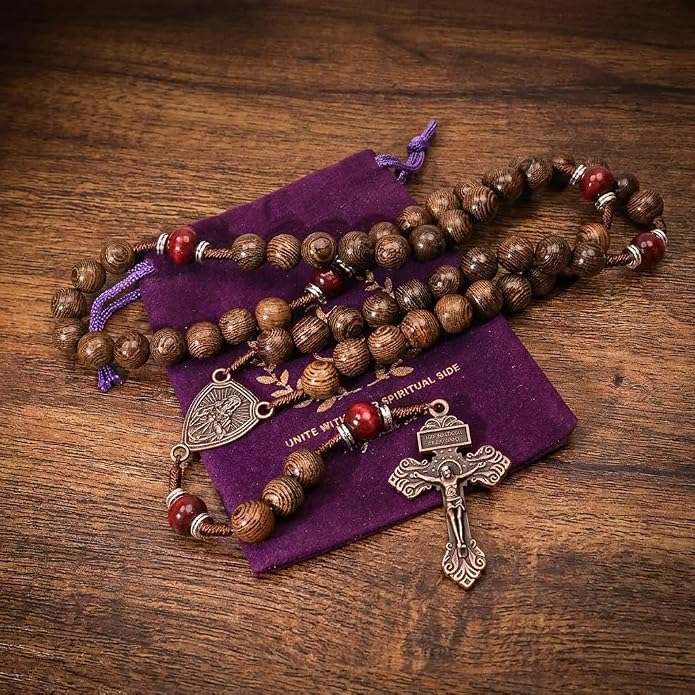 Handmade Wooden Beads Rosary Necklace with Our Father Medal & Crucifix Religious Gift - Nazareth Store