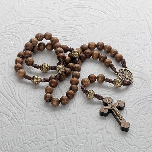 Walnut Wood Beads Rosary Necklace Catholic Prayer Beads with Our Lady Medal & Sacred Metal Cross - Nazareth Store