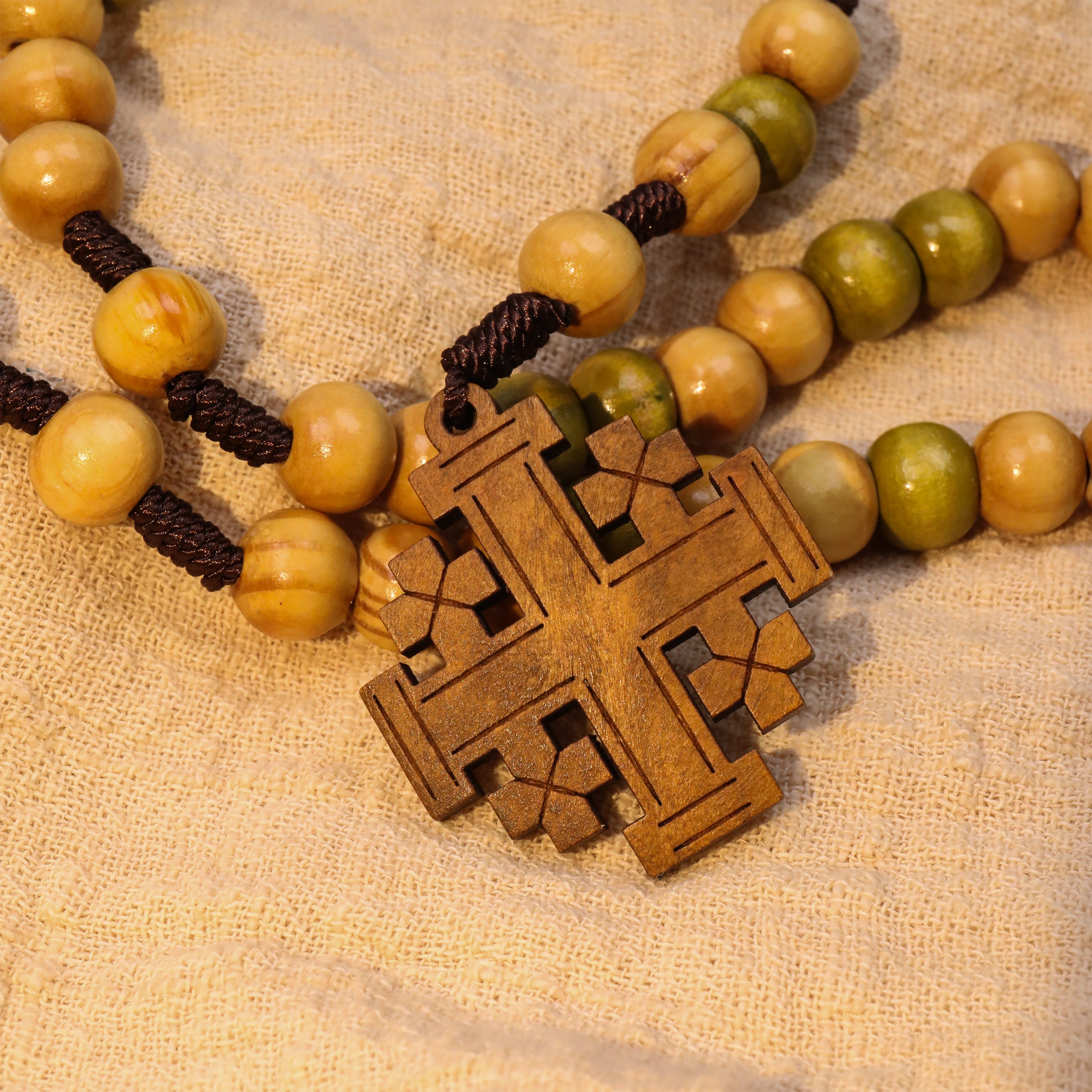 Handcrafted Olive Wood Prayer Rosary with Jerusalem Cross Catholic Car Protection Chaplet-Nazareth Store