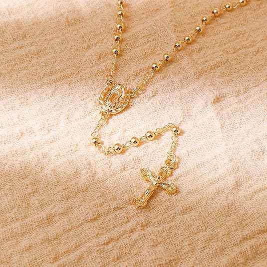 18K Gold Bronze Rosary Necklace Our Lady of Guadalupe & Crucifix with 4mm Prayer Beads - Nazareth Store