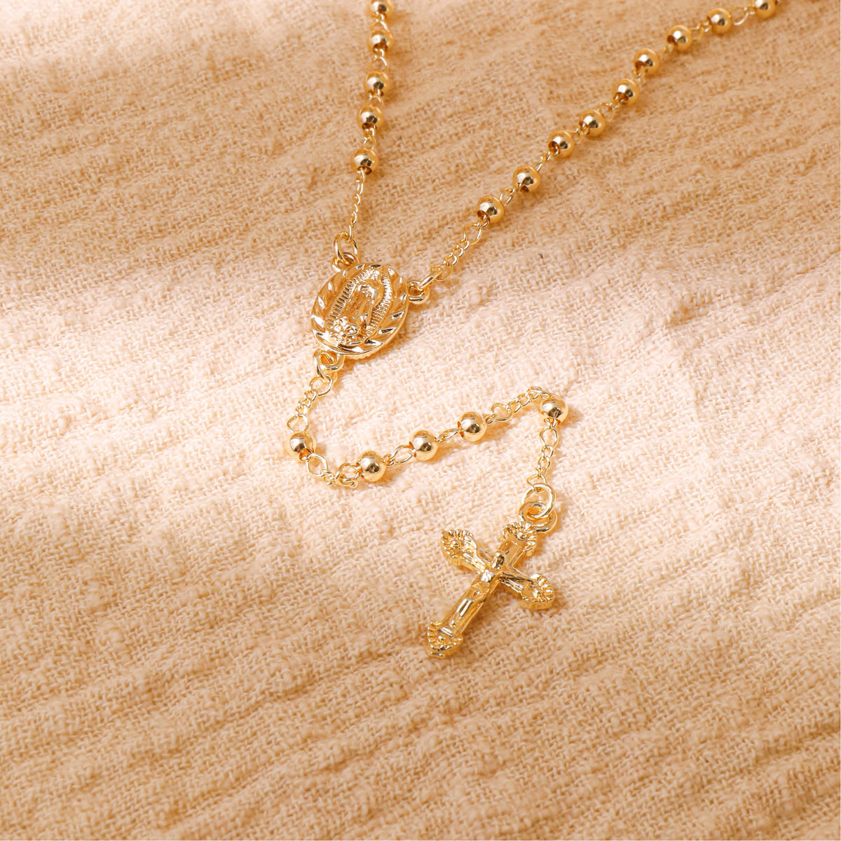 18K Gold Bronze Rosary Necklace Our Lady of Guadalupe & Crucifix with 4mm Prayer Beads (Copy)
