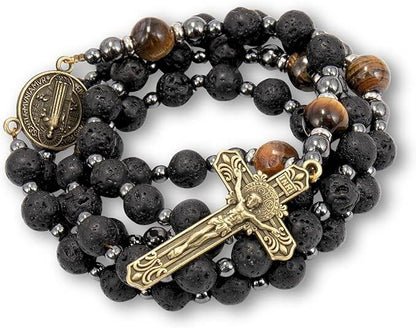 Black Lava Stone Rosary with Yellow Tiger Eye St. Benedict Medal & Cross Necklace for Men's - Nazareth Store