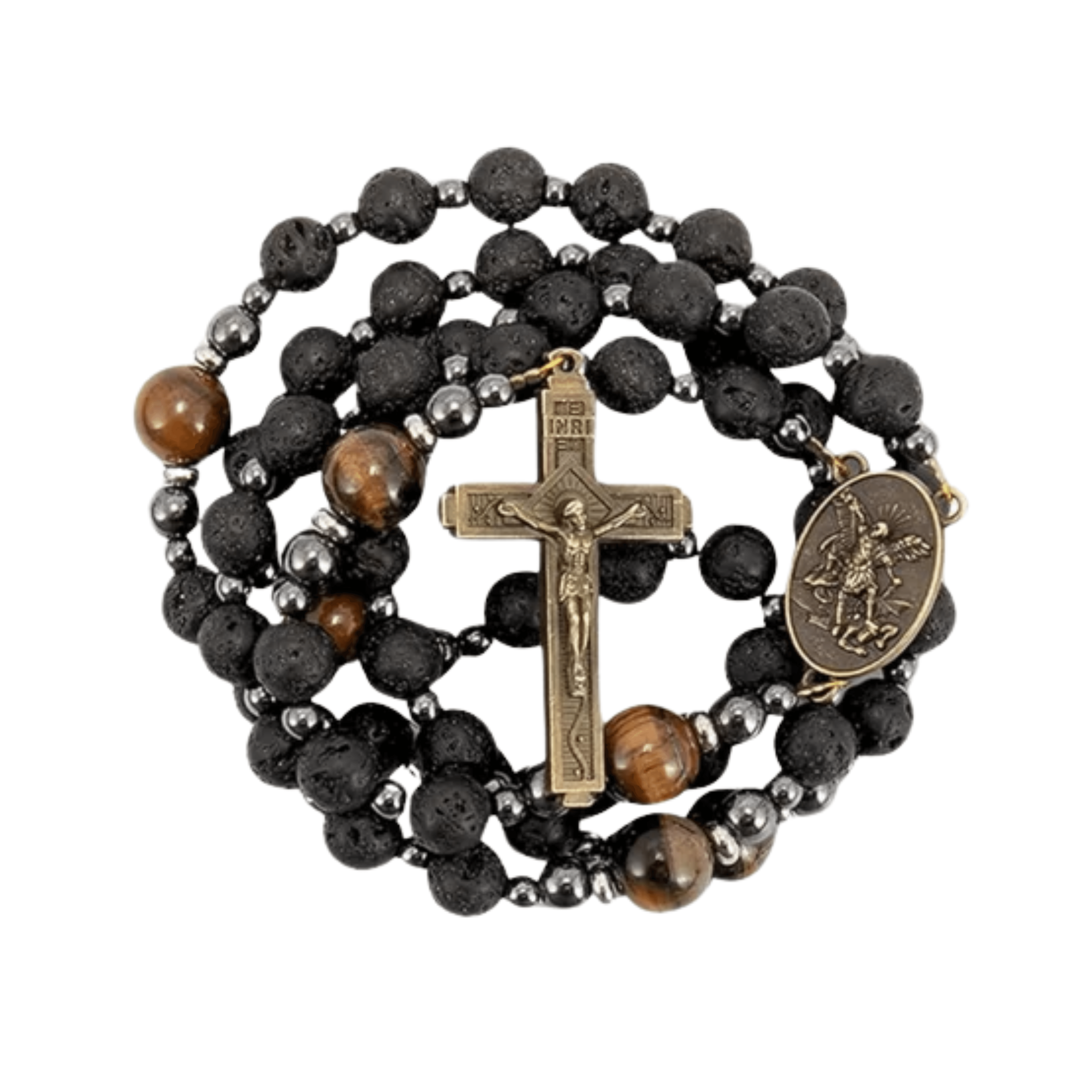 Black Lava Stone Rosary with Yellow Tiger Eye St. Michael Medal & Cross Necklace for Men's - Nazareth Store