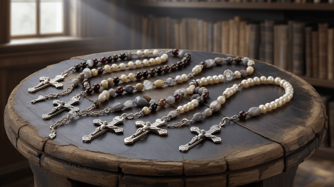 Rosary beads and cross on a wooden surface with a bookshelf background