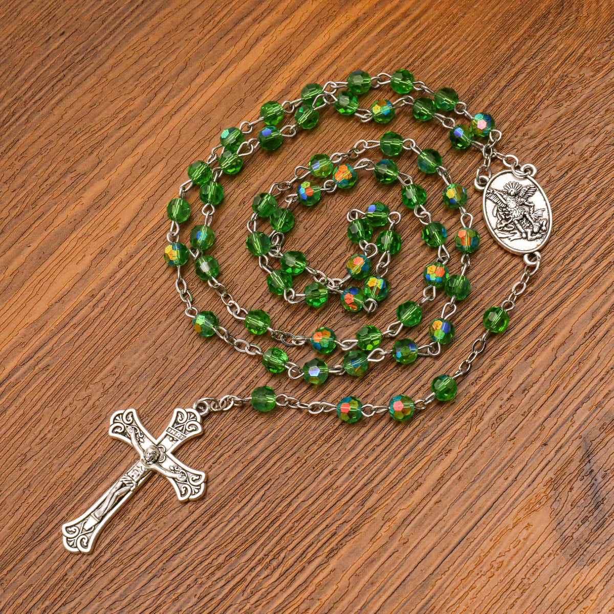 Green Crystallized Glass Beads Rosary Necklace with St. Michael Medal & Crucifix Handmade Christian Prayer Beads for Men & Women Catholic Religious Gift
