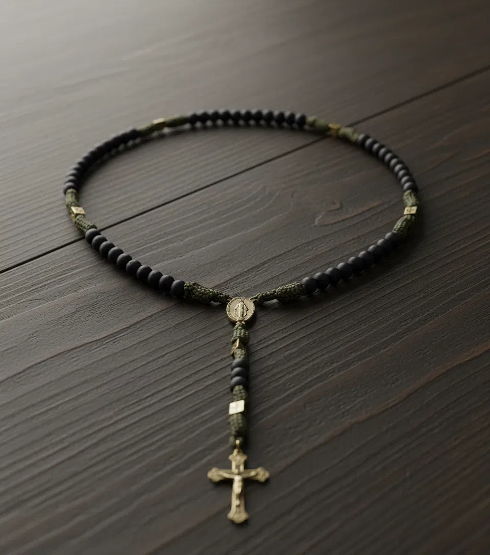 Catholic Paracord Rosary Necklace Miraculous Medal with Black Matte Prayer Beads