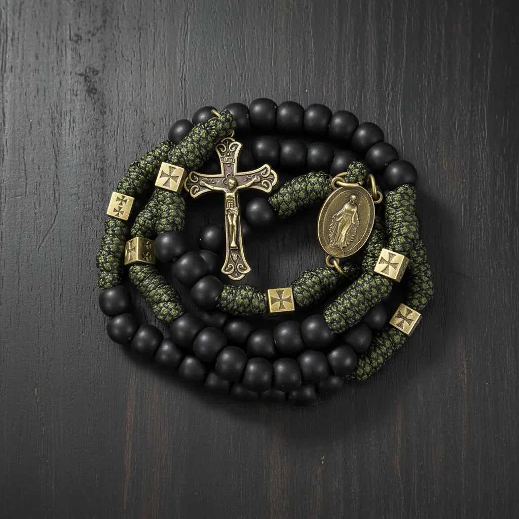Catholic Paracord Rosary Necklace Miraculous Medal with Black Matte Prayer Beads