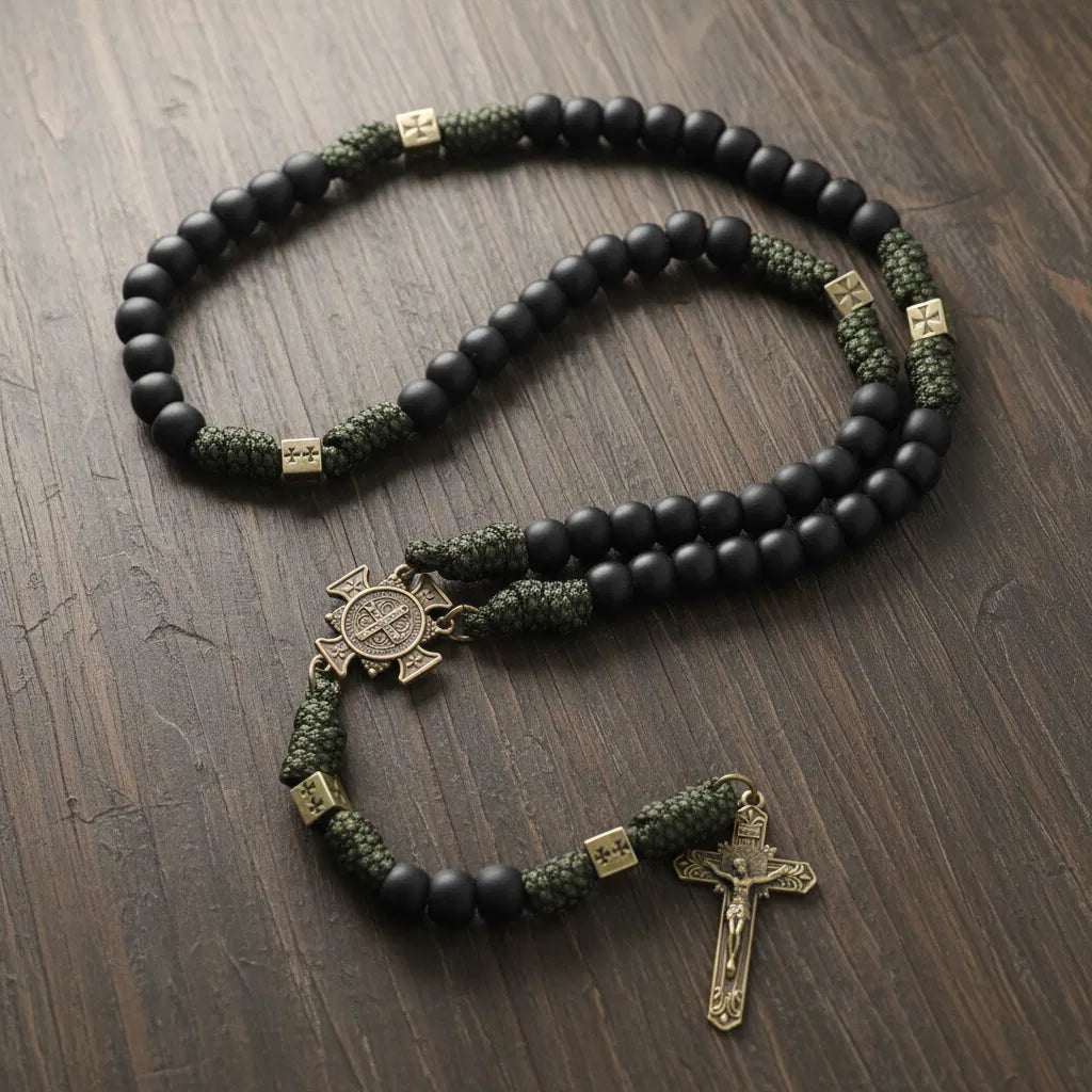 Rosario de Paracord de San Miguel, cuentas de bronce, Rosario con cordón, cruz de Jesús, 20"