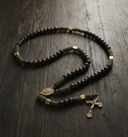 Catholic Paracord Rosary Necklace Miraculous Medal with Black Matte Prayer Beads