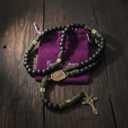 Robuste Paracord-Rosenkranzkette aus Antik-Bronze-Metall, mattschwarz, Gebetsperlen mit Heiligenmedaille und Kruzifix-Kreuz