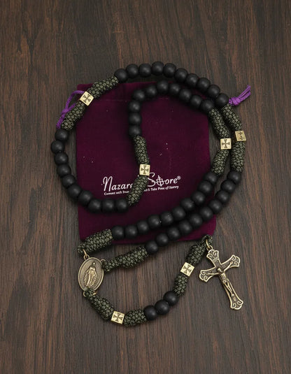 Catholic Paracord Rosary Necklace Miraculous Medal with Black Matte Prayer Beads