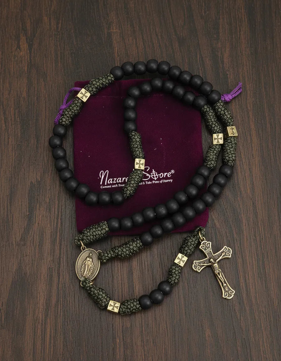 Catholic Paracord Rosary Necklace Miraculous Medal with Black Matte Prayer Beads
