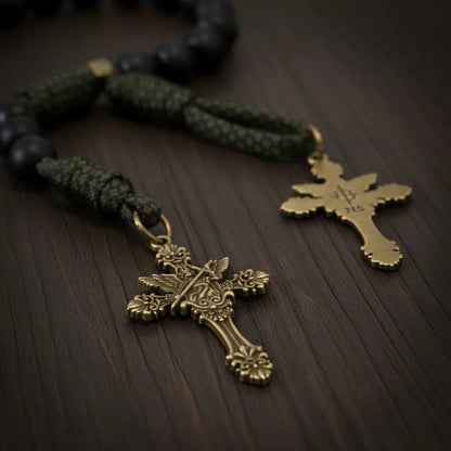 Robuste Paracord-Rosenkranzkette aus Antik-Bronze-Metall, mattschwarz, Gebetsperlen mit Heiligenmedaille und Kruzifix-Kreuz