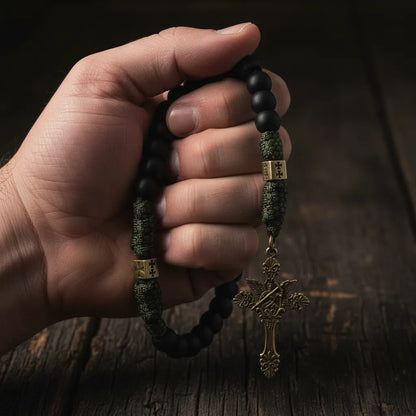 Robuste Paracord-Rosenkranzkette aus Antik-Bronze-Metall, mattschwarz, Gebetsperlen mit Heiligenmedaille und Kruzifix-Kreuz