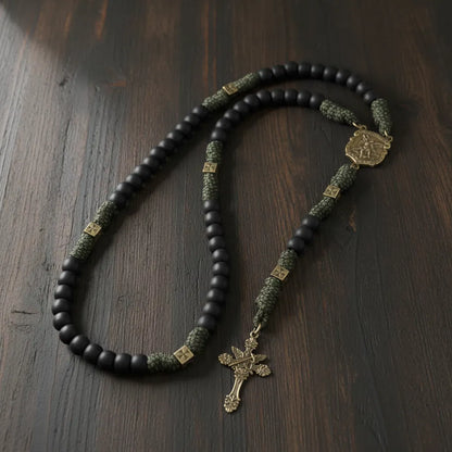 Robuste Paracord-Rosenkranzkette aus Antik-Bronze-Metall, mattschwarz, Gebetsperlen mit Heiligenmedaille und Kruzifix-Kreuz