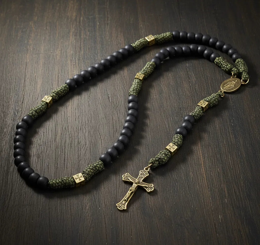 Catholic Paracord Rosary Necklace Miraculous Medal with Black Matte Prayer Beads