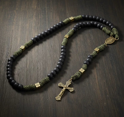 Catholic Paracord Rosary Necklace Miraculous Medal with Black Matte Prayer Beads