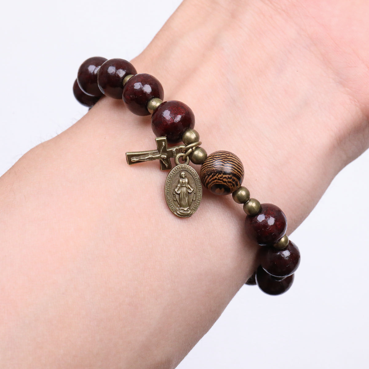 Dark Brown Wooden Bead Rosary Bracelet with Antique Bronze Miraculous Medal & Cross