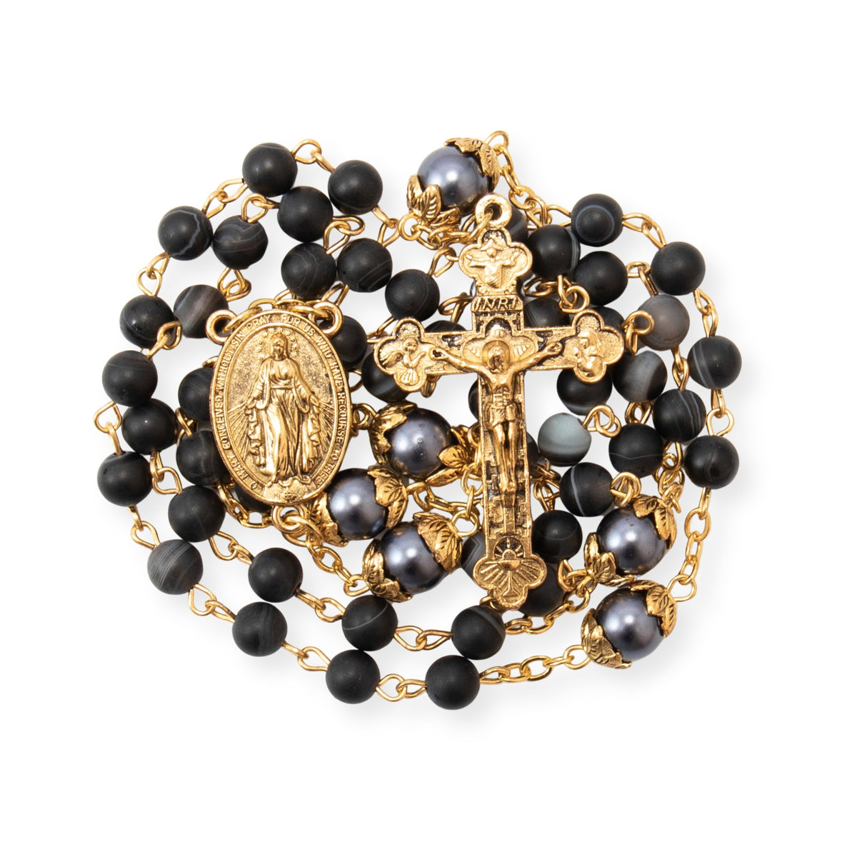 Black matte stone rosary necklace with pearl beads, Miraculous Medal and cross