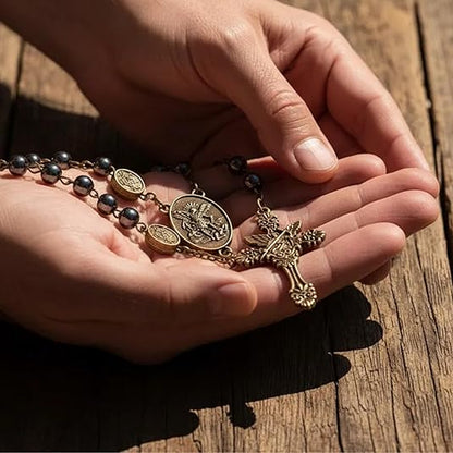 Hematite Rosary Necklace with Bronze Archangel Medal & St. Michael Cross - Nazareth Store