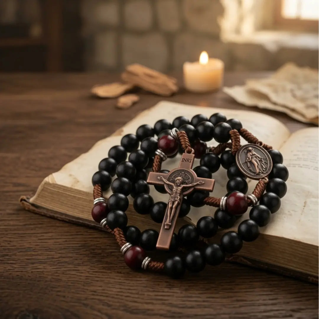A dark brown and black beaded rosary with a bronze crucifix and medallion, draped over an open antique book on a wooden table with a lit candle in the background.