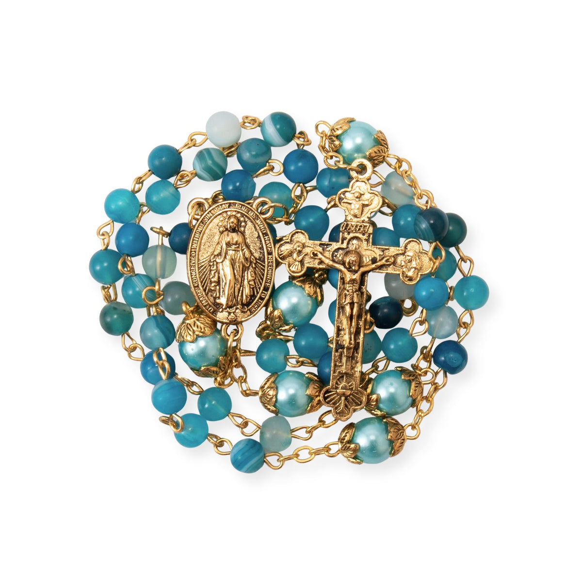 Blue matte stone rosary necklace with Miraculous Medal and cross