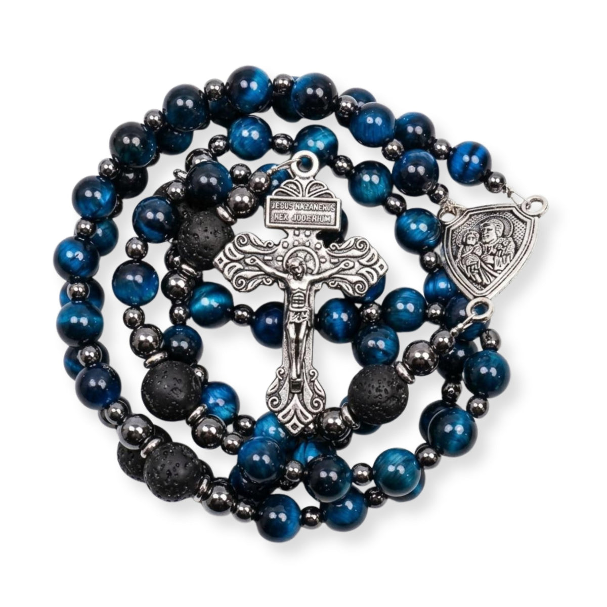 Blue tiger eye lava stone rosary with St. Joseph medal and crucifix