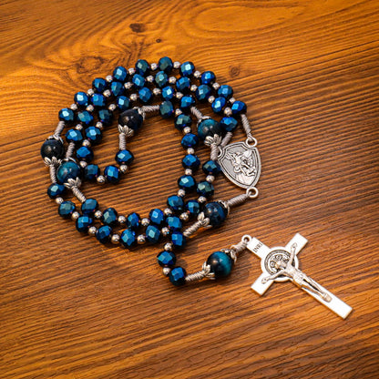 St Michael Blue Crystal Rosary Necklace with Tiger Eye Mystery Beads