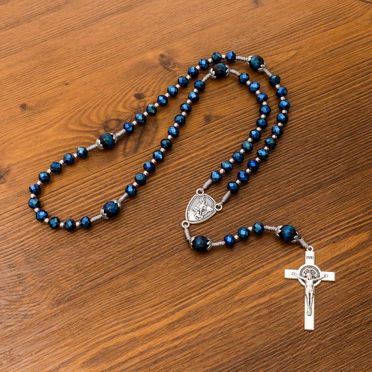 St Michael Blue Crystal Rosary Necklace with Tiger Eye Mystery Beads