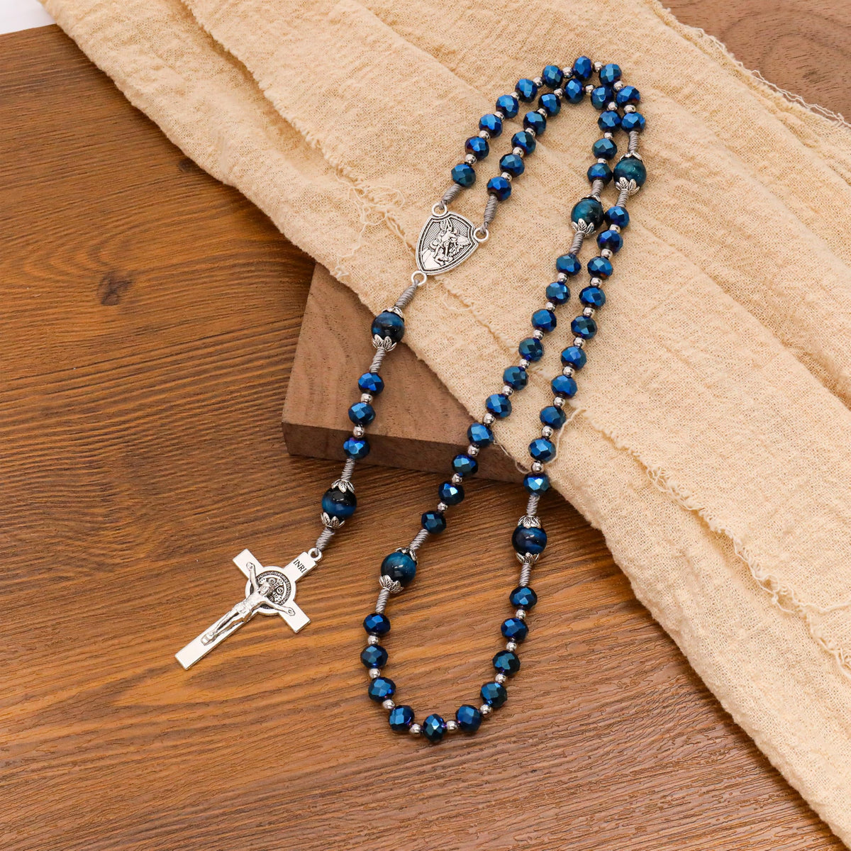 St Michael Blue Crystal Rosary Necklace with Tiger Eye Mystery Beads