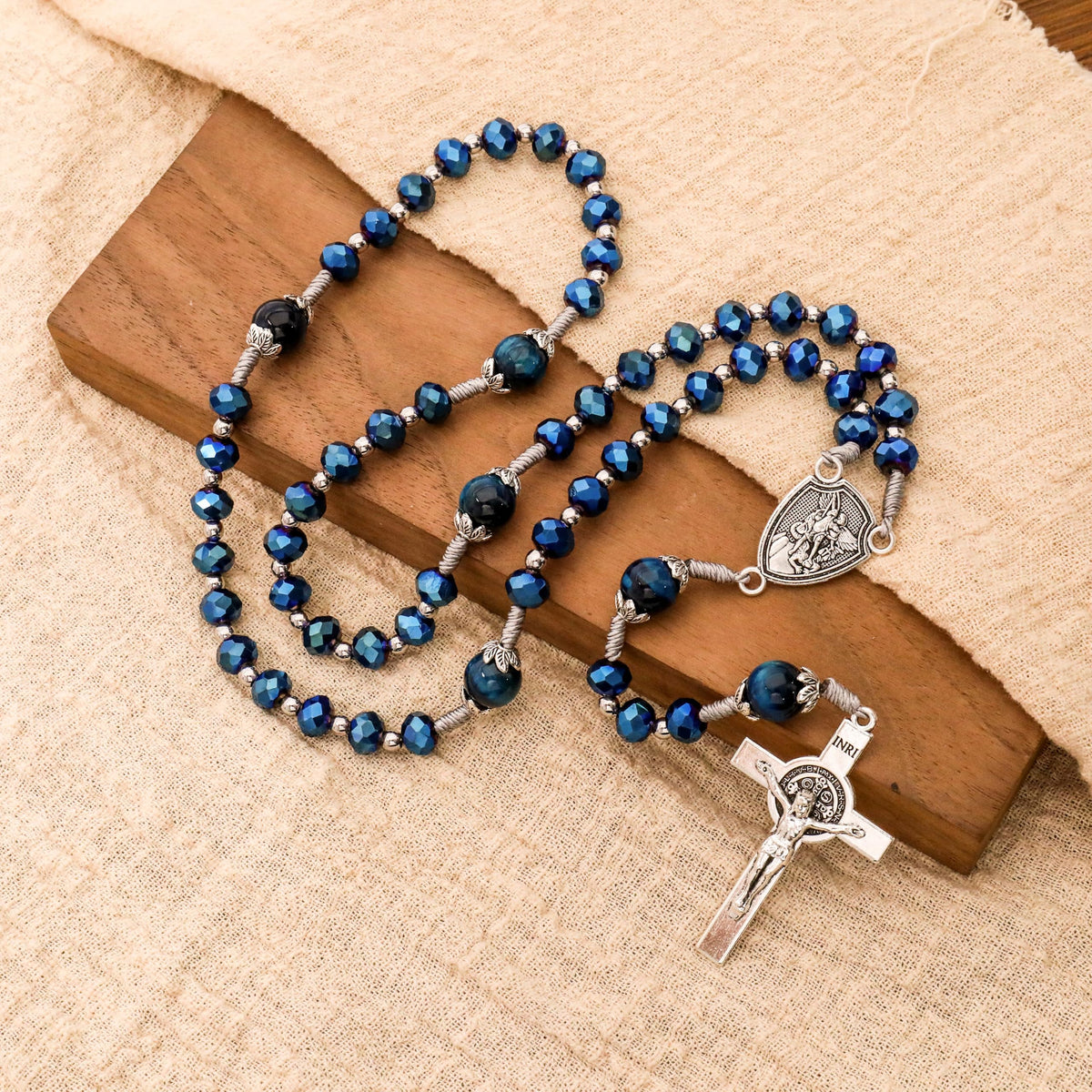 St Michael Blue Crystal Rosary Necklace with Tiger Eye Mystery Beads
